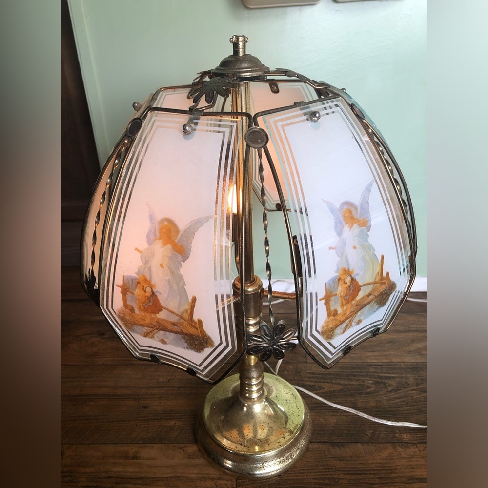 Vintage OK lighting Guardian Angel Glass Panel Side Table Lamp, Gold Tone